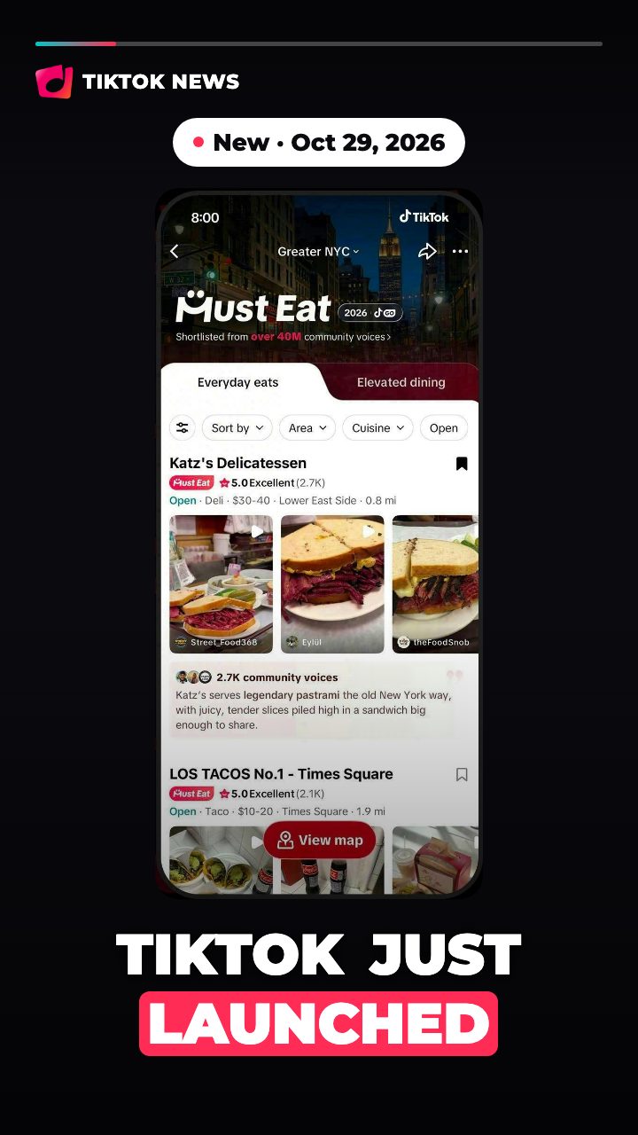 Four phone screens showing TikTok's Must Eat restaurant guide: list, restaurant page, booking details and map